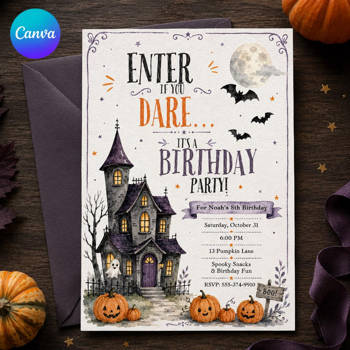 Watercolor Haunted House 8th Birthday Invitation — editable Canva template