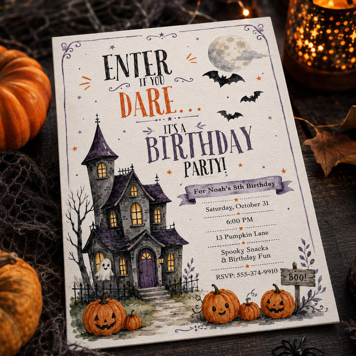 Watercolor Haunted House 8th Birthday Invitation — ghost design