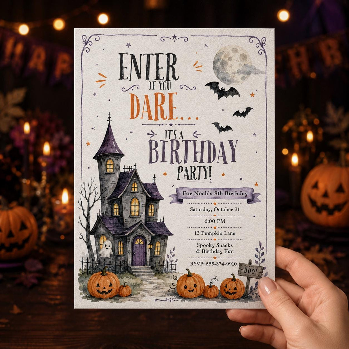 Watercolor Haunted House 8th Birthday Invitation — print-ready 8th birthday party design from VoltBy