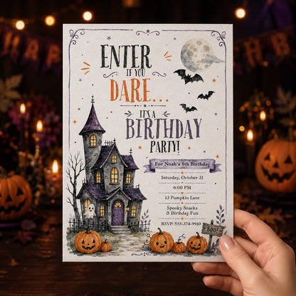 Watercolor Haunted House 8th Birthday Invitation — print-ready 8th birthday party design from VoltBy