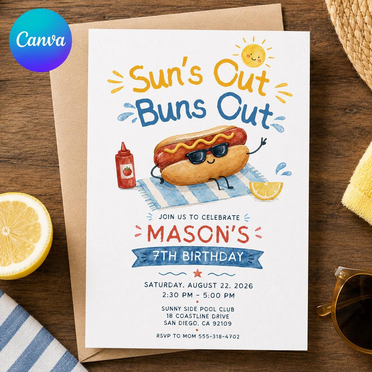 Watercolor Hot Dog Birthday Invitation — editable Canva template