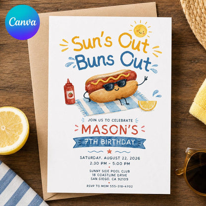 Watercolor Hot Dog Birthday Invitation — editable Canva template