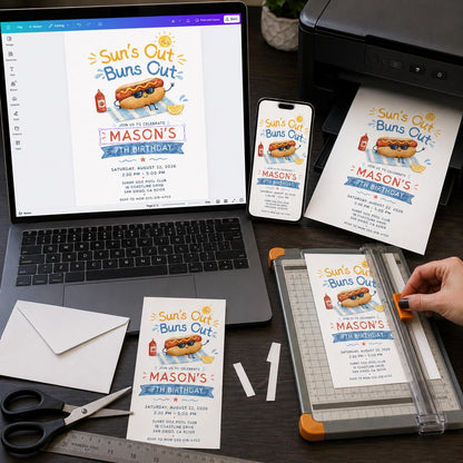 Watercolor Hot Dog Birthday Invitation — BBQ design
