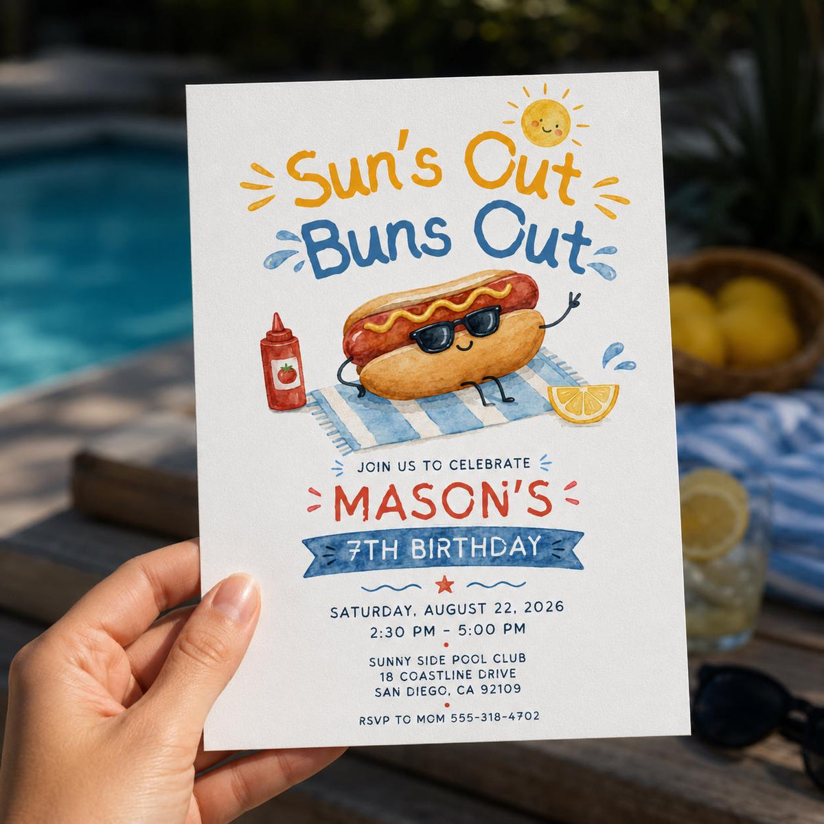 Watercolor Hot Dog Birthday Invitation — print-ready birthday party design from VoltBy