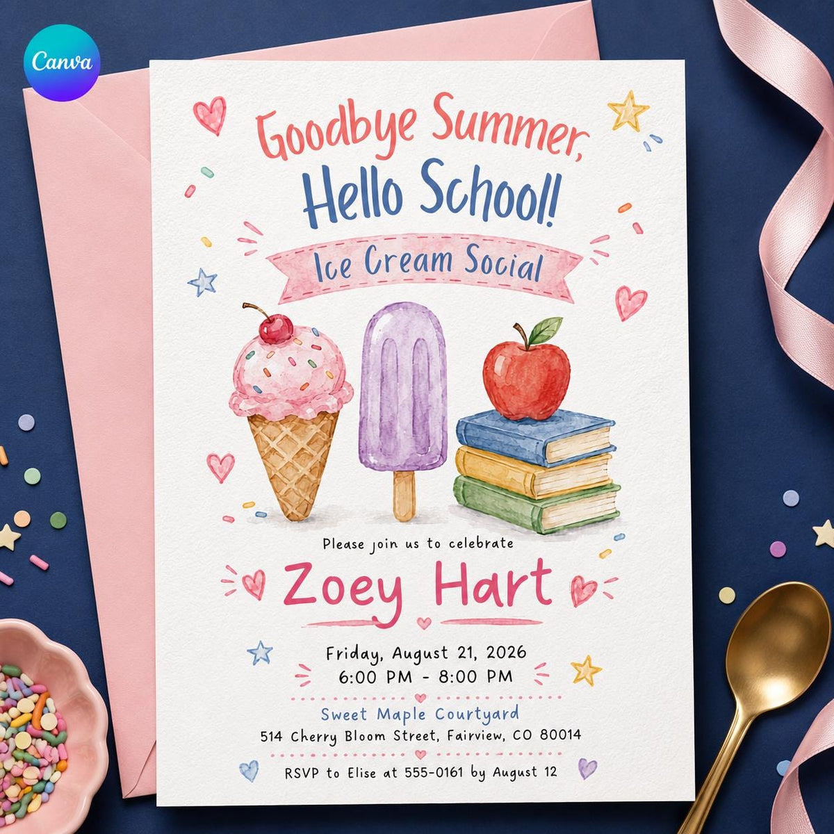 Watercolor Ice Cream Social Invitation — editable Canva template