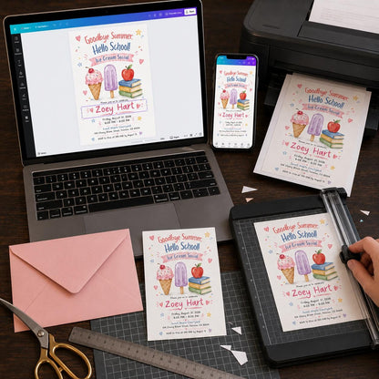 Watercolor Ice Cream Social Invitation — print-ready back-to-school event design from VoltBy