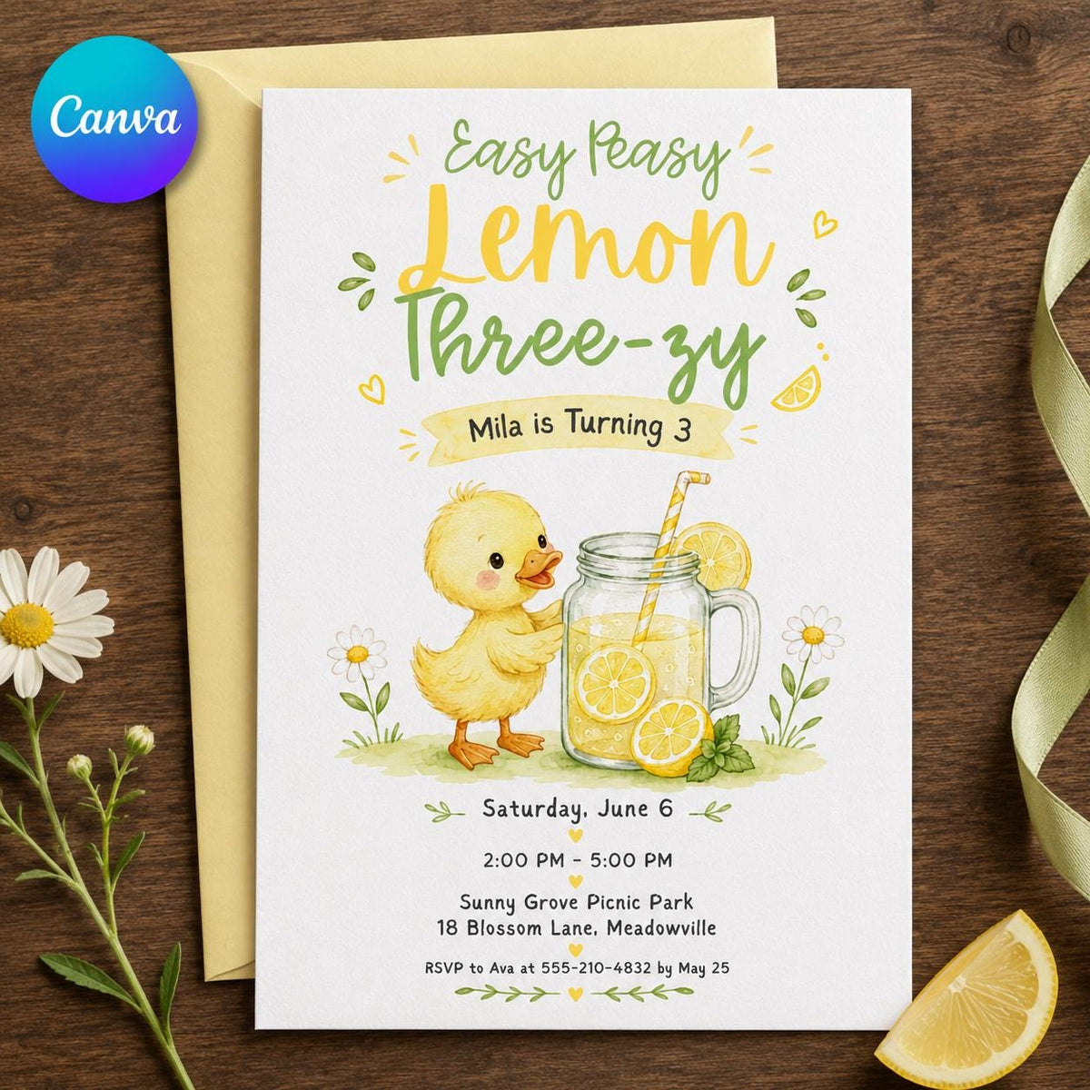 Watercolor Lemon 3rd Birthday Invitation — editable Canva template