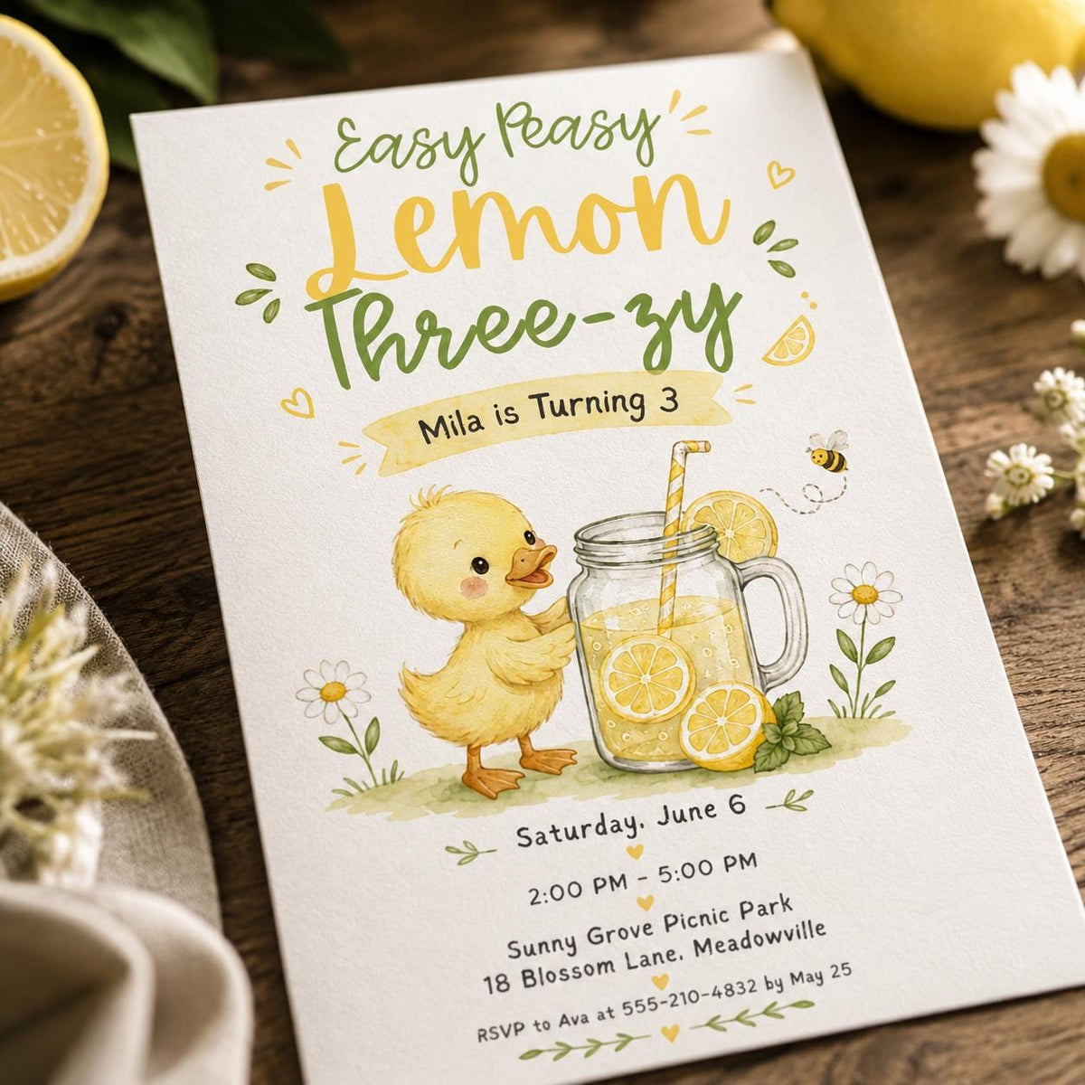 Watercolor Lemon 3rd Birthday Invitation — duck design