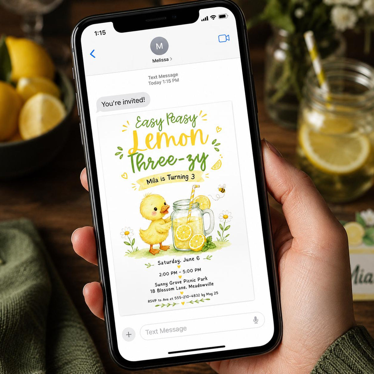 Watercolor Lemon 3rd Birthday Invitation — digital invitation, instant download