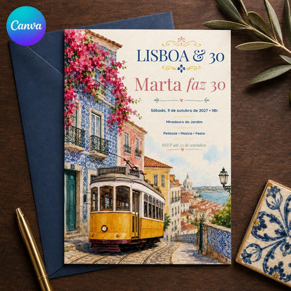 Watercolor Lisbon 30th Birthday Invitation — editable Canva template