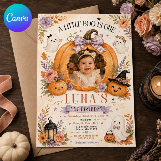 Watercolor Little Boo First Birthday Invitation for Girls — editable Canva template