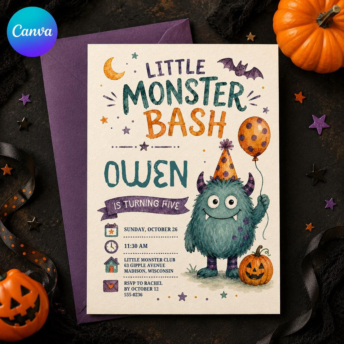 Watercolor Little Monster 5th Birthday Invitation — editable Canva template
