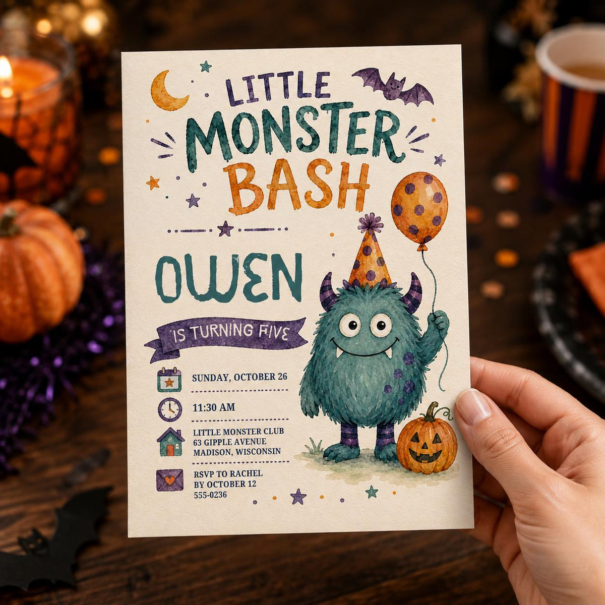 Watercolor Little Monster 5th Birthday Invitation — print-ready 5th birthday party design from VoltBy