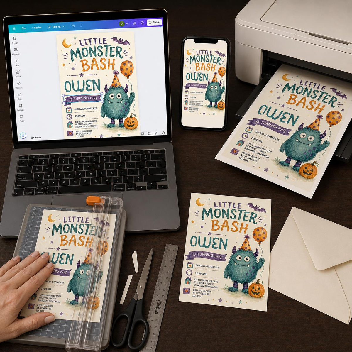 Watercolor Little Monster 5th Birthday Invitation — digital invitation, instant download