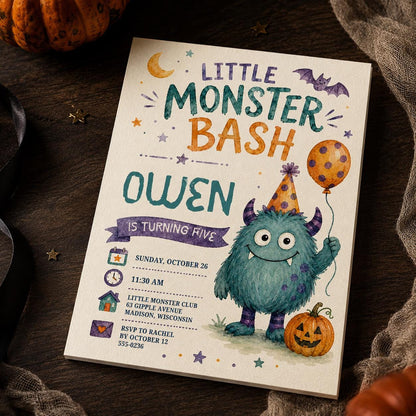 Watercolor Little Monster 5th Birthday Invitation — 5th birthday party stationery by VoltBy