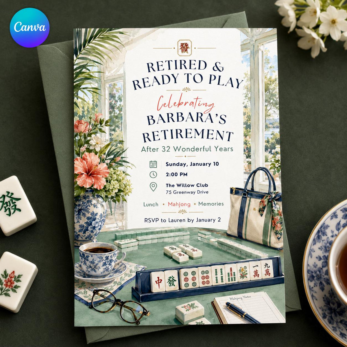 Watercolor Mahjong Retirement Invitation — editable Canva template