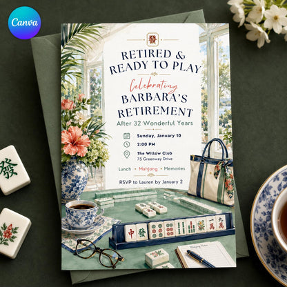 Watercolor Mahjong Retirement Invitation — editable Canva template