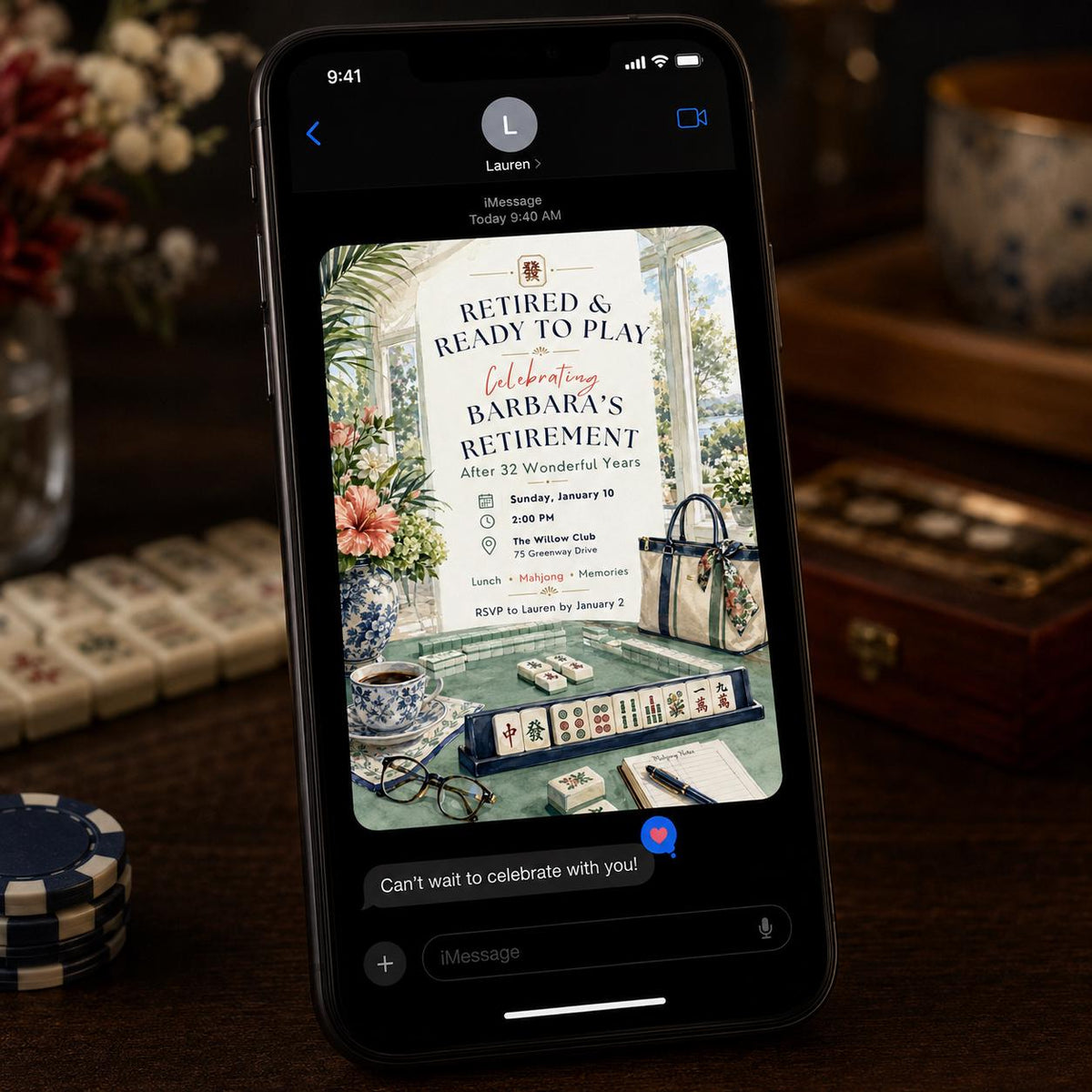 Watercolor Mahjong Retirement Invitation — board games design