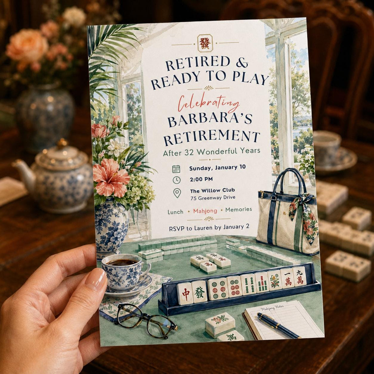 Watercolor Mahjong Retirement Invitation — invitation you personalize in Canva