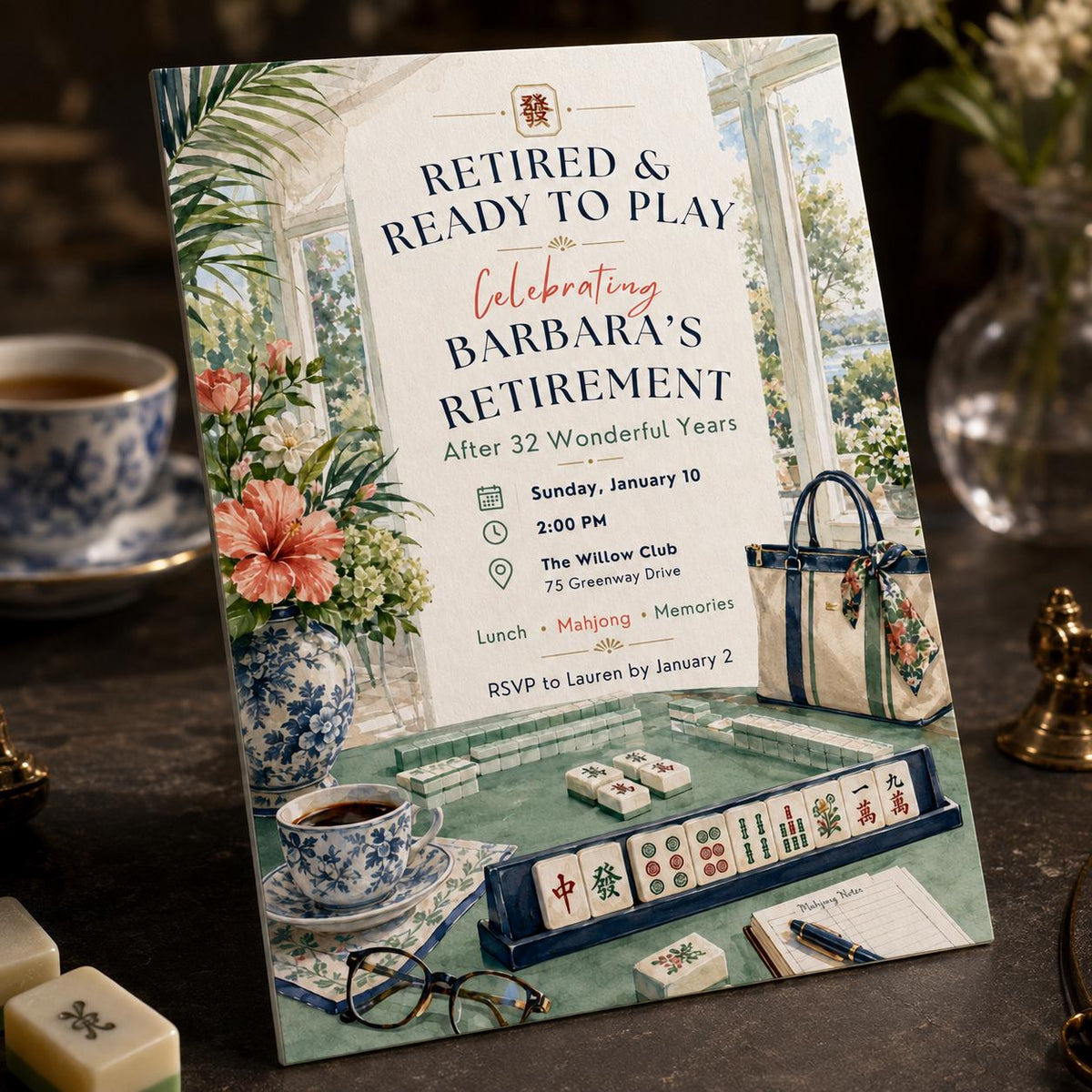Watercolor Mahjong Retirement Invitation — digital invitation, instant download