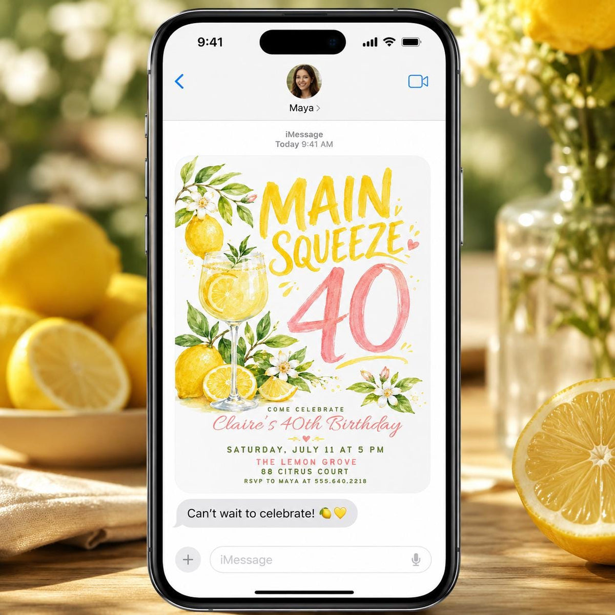 Watercolor Main Squeeze 40th Birthday Invitation — lemon design
