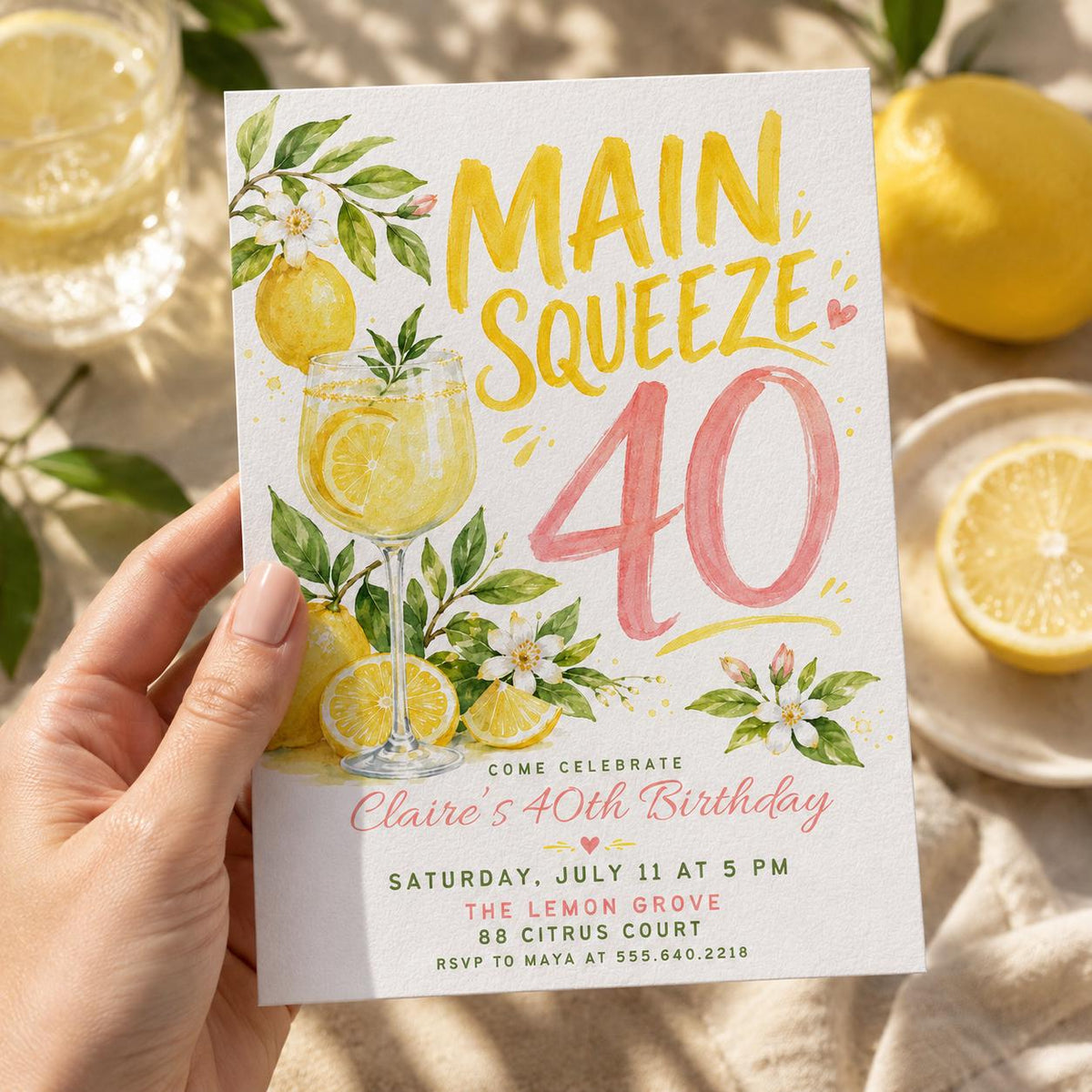 Watercolor Main Squeeze 40th Birthday Invitation — invitation you personalize in Canva