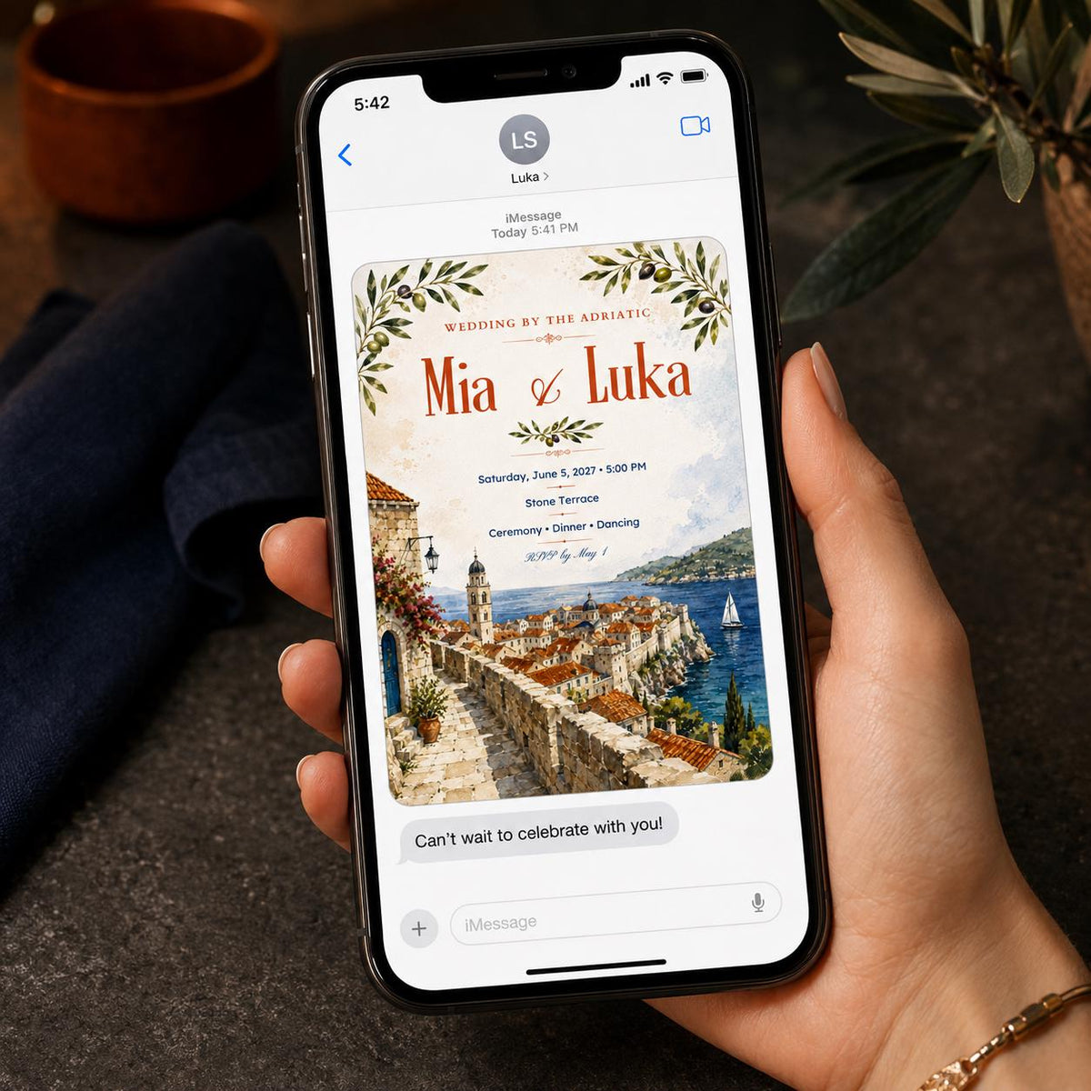 Watercolor Mediterranean Wedding Invitation — olive branch and travel design