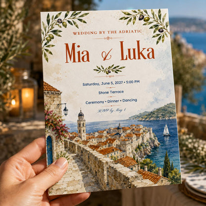 Watercolor Mediterranean Wedding Invitation — invitation you personalize in Canva