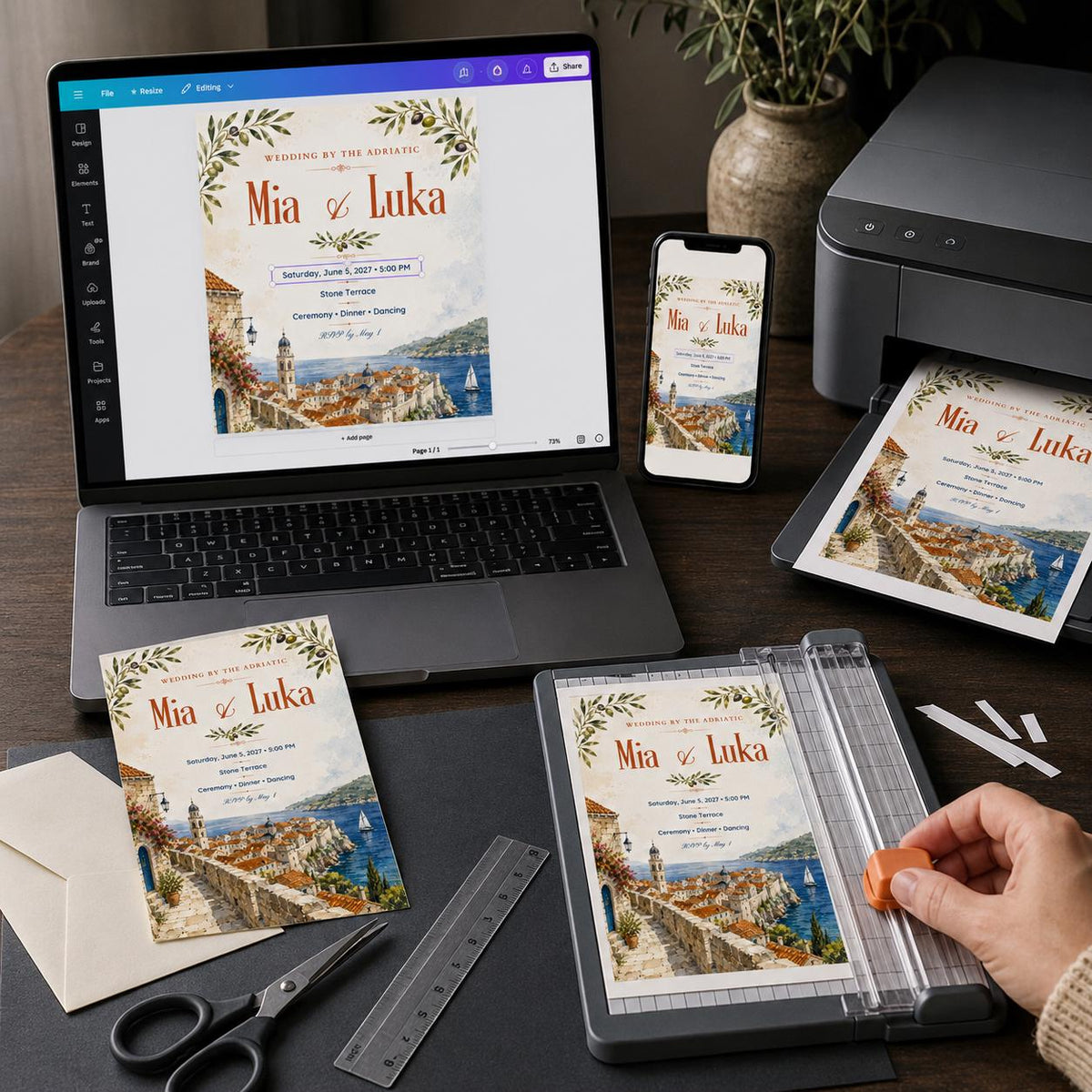 Watercolor Mediterranean Wedding Invitation — print-ready wedding design from VoltBy