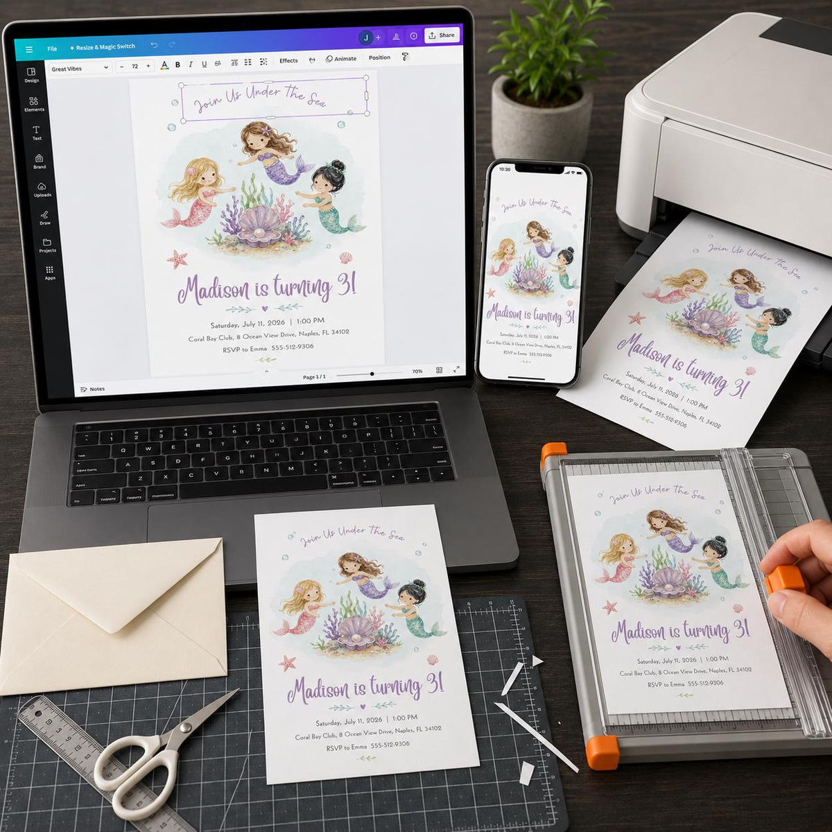 Watercolor Mermaid 3rd Birthday Invitation for Girls — invitation you personalize in Canva