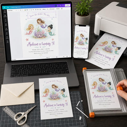 Watercolor Mermaid 3rd Birthday Invitation for Girls — invitation you personalize in Canva