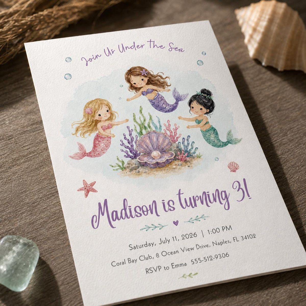 Watercolor Mermaid 3rd Birthday Invitation for Girls — print-ready 3rd birthday party design from VoltBy