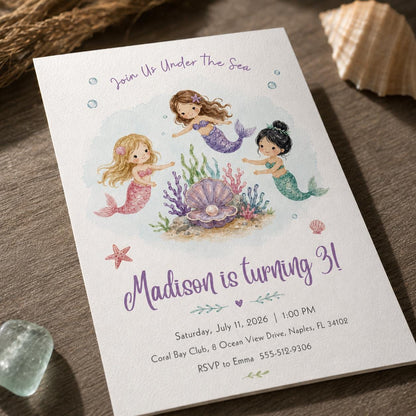 Watercolor Mermaid 3rd Birthday Invitation for Girls — print-ready 3rd birthday party design from VoltBy