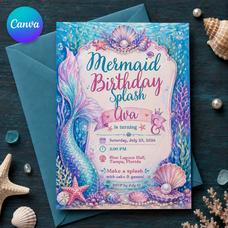 Watercolor Mermaid Birthday Invitation for Girls