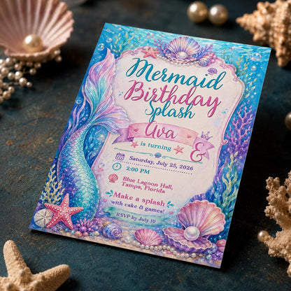 Watercolor Mermaid Birthday Invitation for Girls — ocean design
