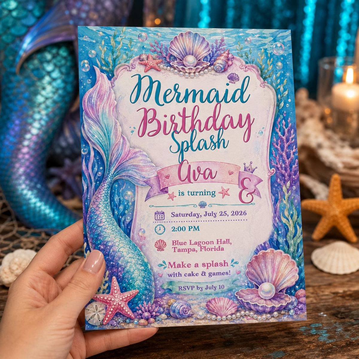 Watercolor Mermaid Birthday Invitation for Girls — invitation you personalize in Canva