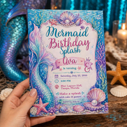Watercolor Mermaid Birthday Invitation for Girls — invitation you personalize in Canva