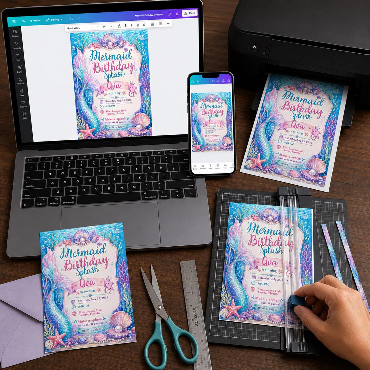 Watercolor Mermaid Birthday Invitation for Girls — print-ready birthday party design from VoltBy