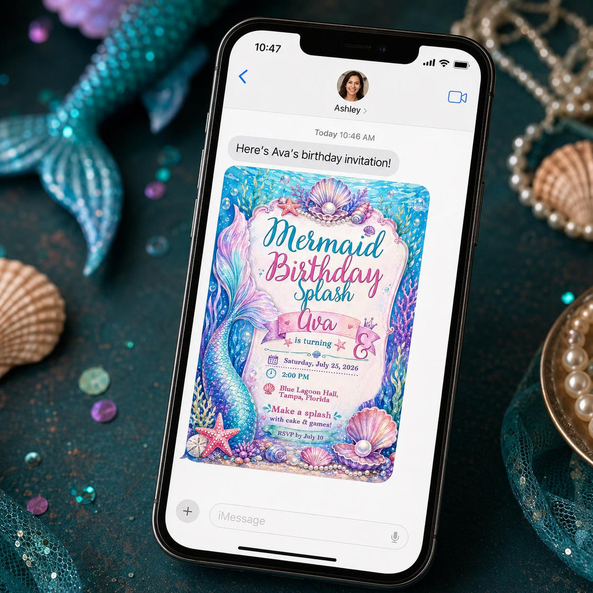 Watercolor Mermaid Birthday Invitation for Girls — digital invitation, instant download