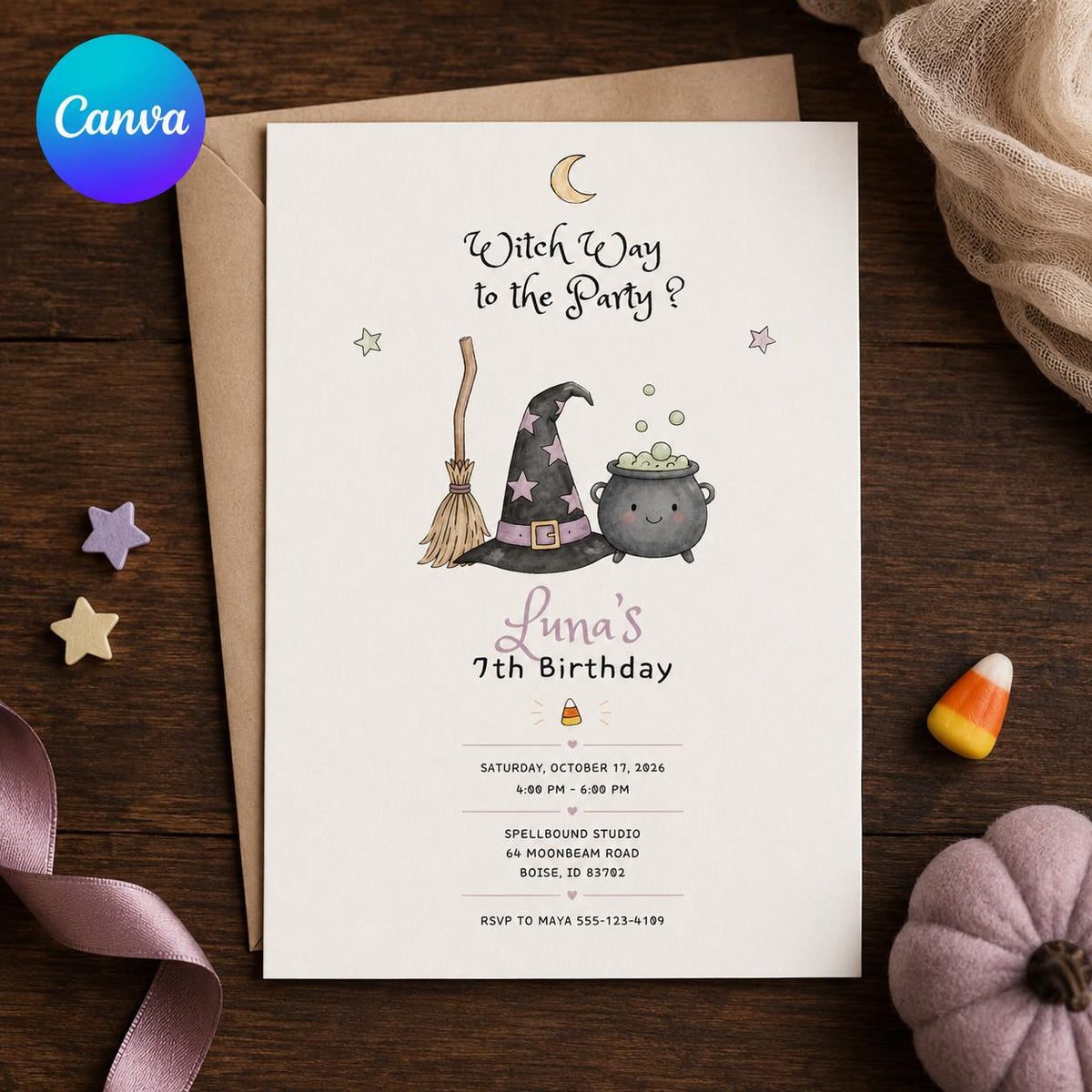 Watercolor Minimalist Witch 7th Birthday Invitation for Girls — editable Canva template