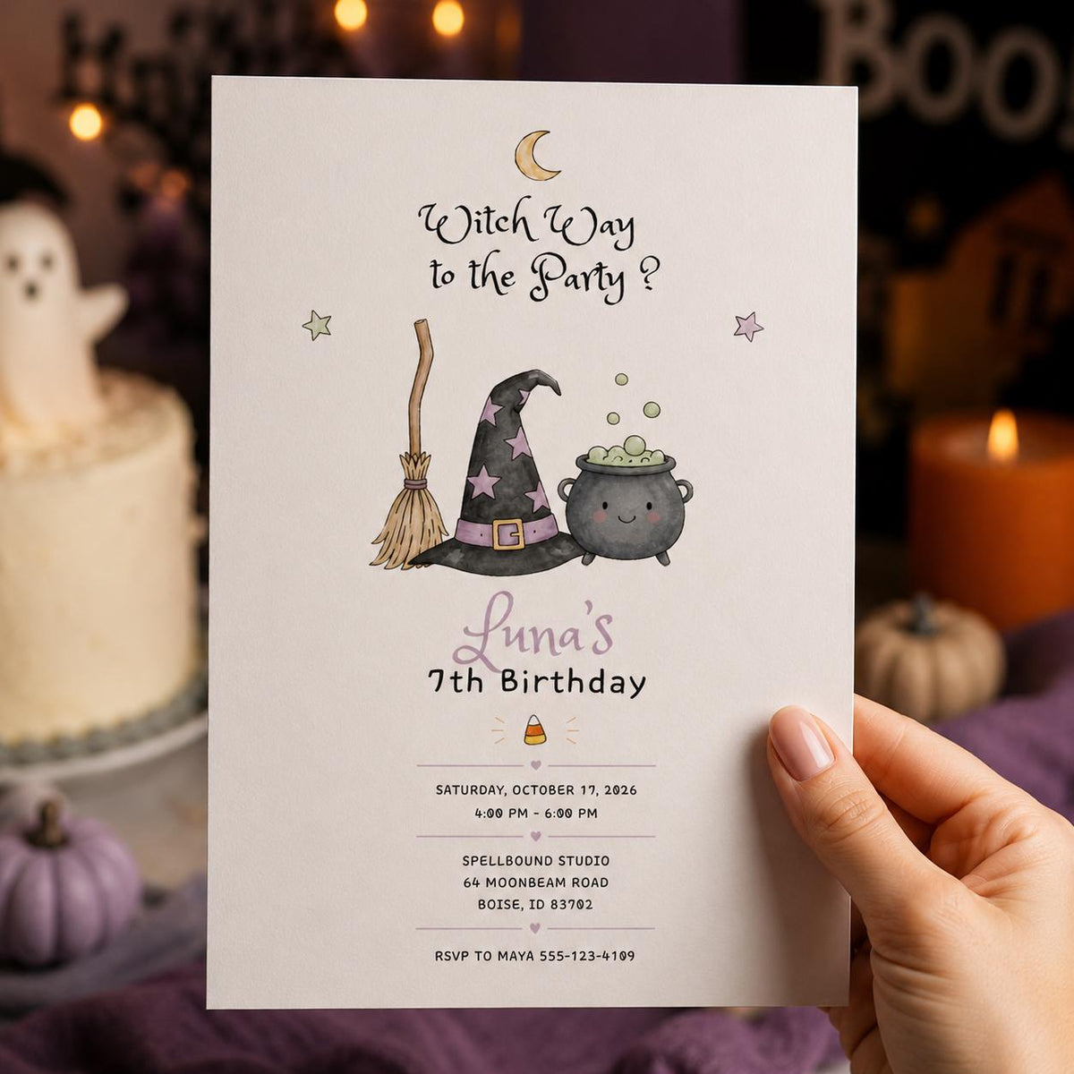 Watercolor Minimalist Witch 7th Birthday Invitation for Girls — invitation you personalize in Canva