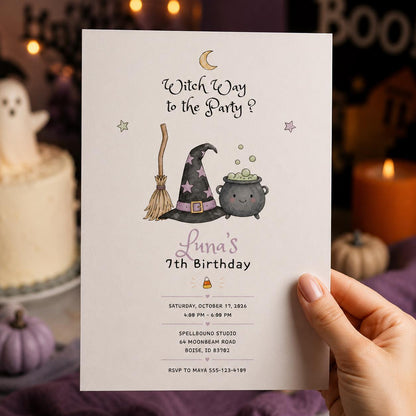 Watercolor Minimalist Witch 7th Birthday Invitation for Girls — invitation you personalize in Canva