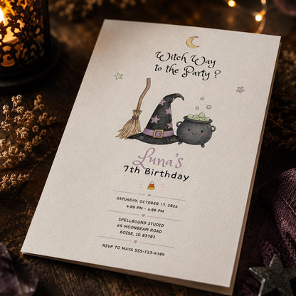 Watercolor Minimalist Witch 7th Birthday Invitation for Girls — print-ready 7th birthday party design from VoltBy