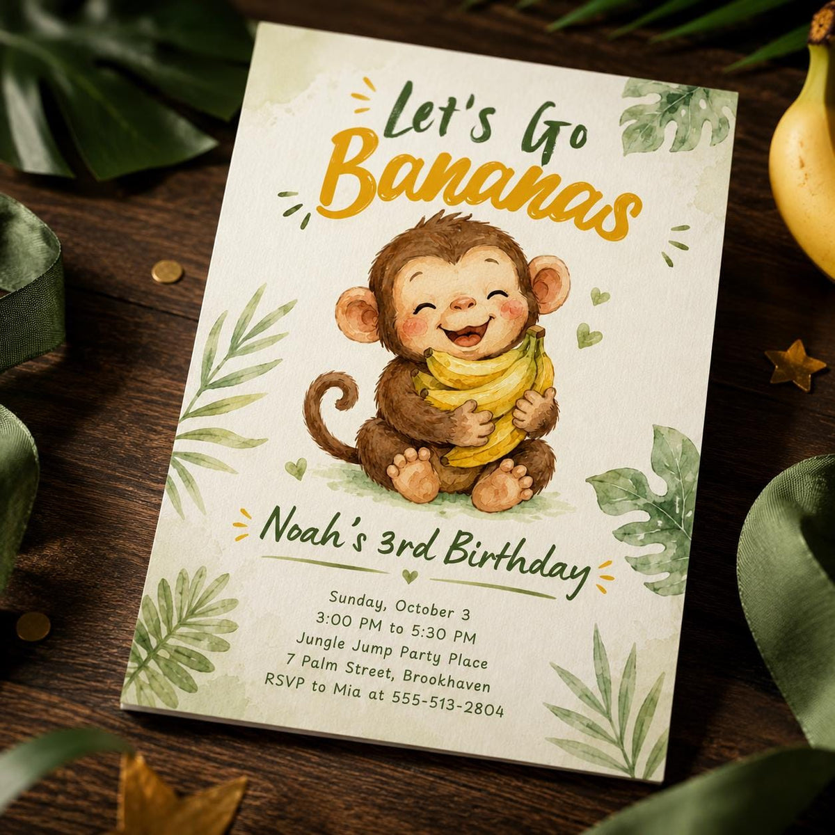 Watercolor Monkey 3rd Birthday Invitation — safari design