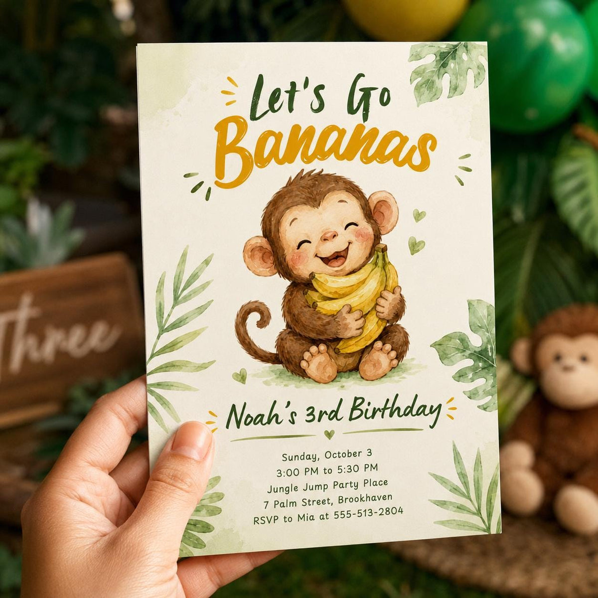 Watercolor Monkey 3rd Birthday Invitation — invitation you personalize in Canva