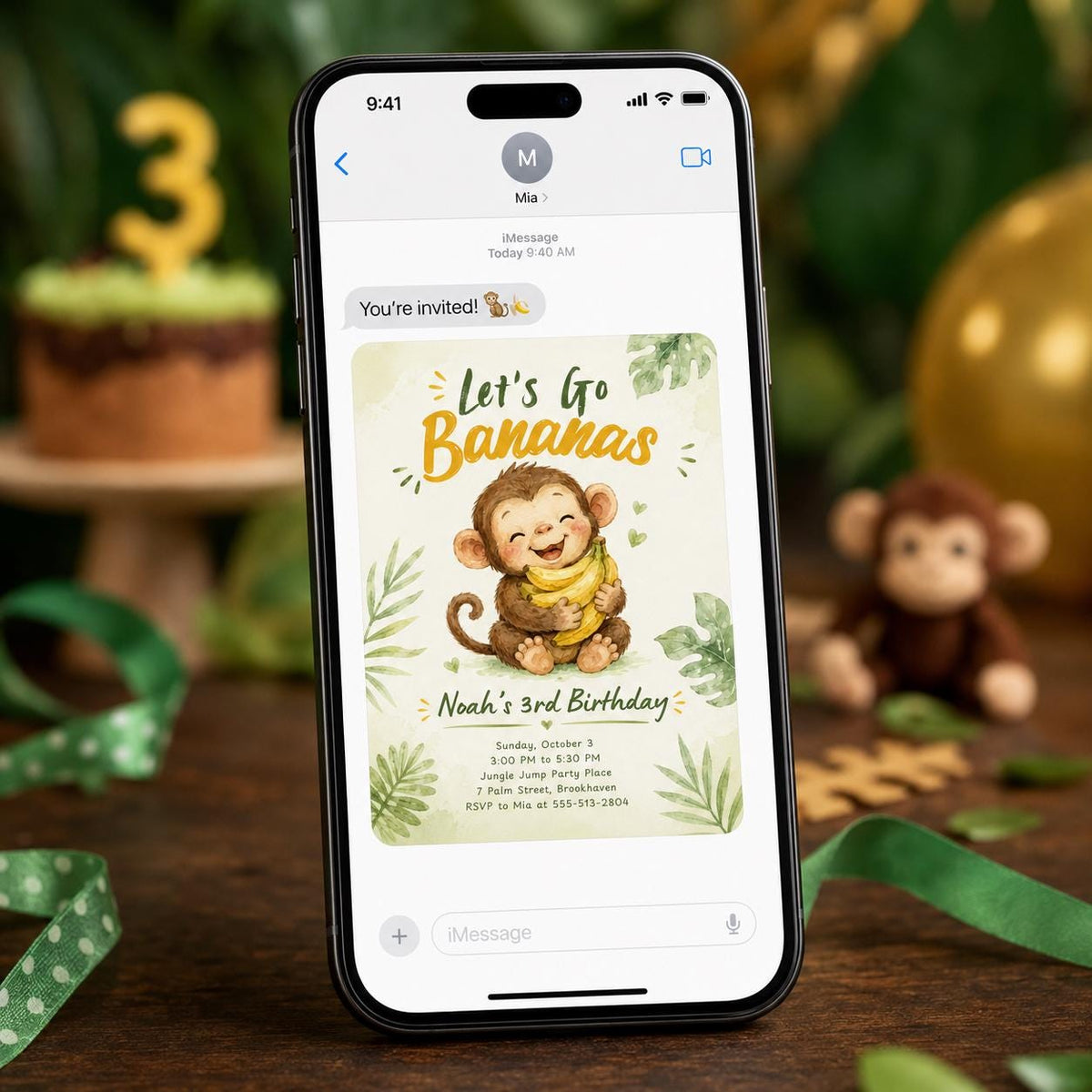 Watercolor Monkey 3rd Birthday Invitation — digital invitation, instant download