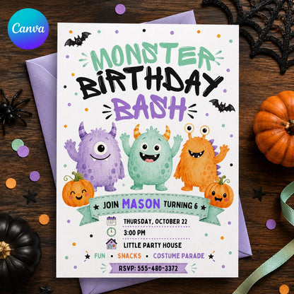 Watercolor Monster Birthday Invitation — editable Canva template