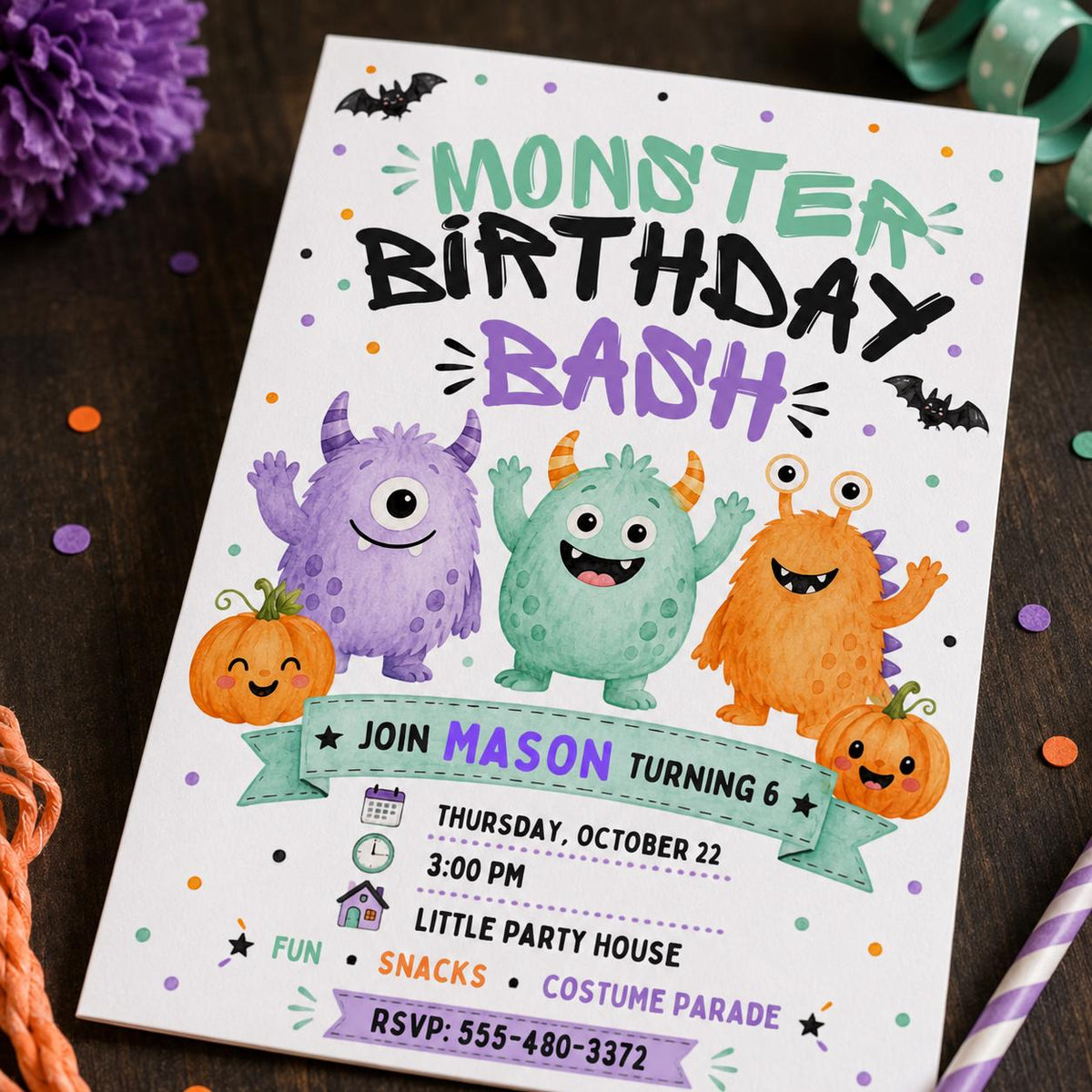 Watercolor Monster Birthday Invitation — invitation you personalize in Canva