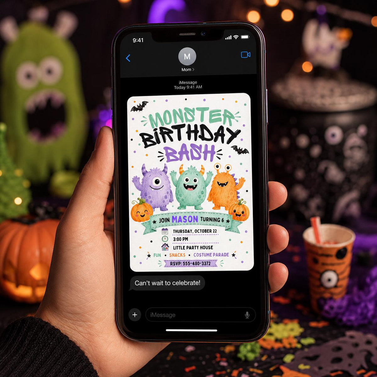 Watercolor Monster Birthday Invitation — print-ready birthday party design from VoltBy