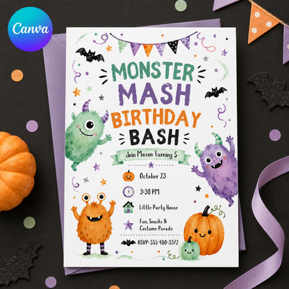 Watercolor Monster Mash Birthday Invitation — editable Canva template